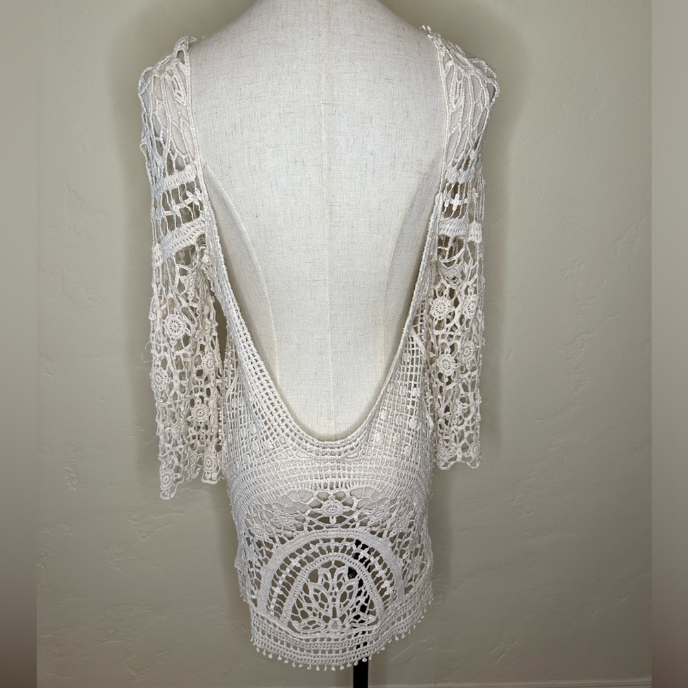 Crochet dress natural ivory cream color 100% cotton OSFM - Picture 4 of 4